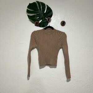 Petal + Pup I Camel Ribbed Long Sleeve Funnel Neck Sweater I Small